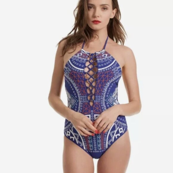 Trina Turk Blue Jakarta Embroidered Hi Neck One Piece Swimsuit Women's Size 4 - Picture 2 of 12